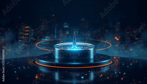 Generative AI futuristic control device with glowing orb and cityscape background