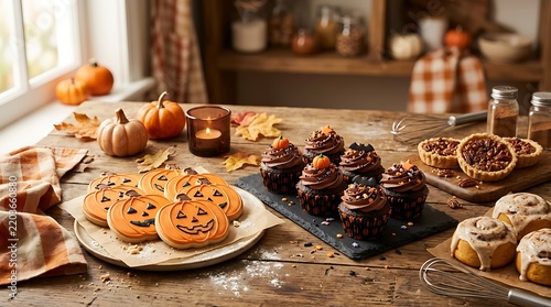 Assorted Halloween cookies and chocolate cupcakes on a rustic wooden table