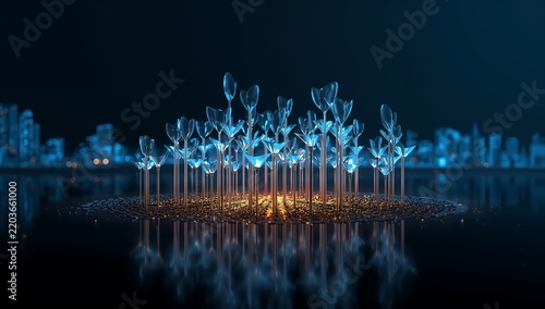 Generative AI glowing plants with illuminated stems and leaves in a futuristic setting