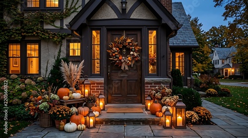 Front entrance of a house decorated for autumn with pumpkins and lanterns