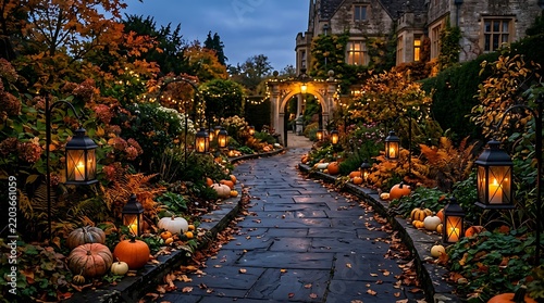 Stone garden path decorated with pumpkins and lanterns for Halloween evening