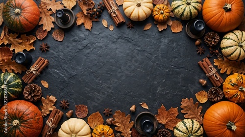 Assorted pumpkins and autumn leaves arranged as a frame on a dark stone background with copy space