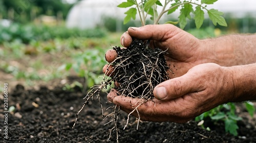 Farmer hands holding young tomato plant seedling with rich visible root system in dirt