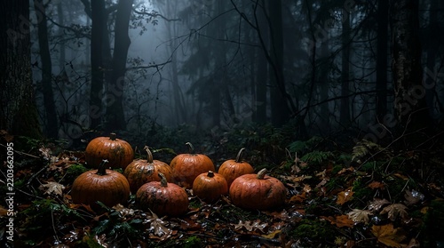 Group of orange pumpkins resting on the dark forest floor in misty autumn