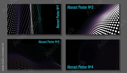 Set of four abstract futuristic posters with glowing neon dot waves and digital mesh grids on dark backgrounds.