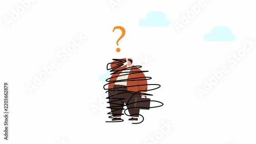 Confused businessman tangled in lines with a question mark, symbolizing business problems and uncertainty