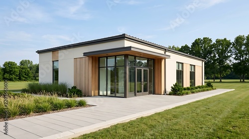 Modern single story house exterior design with glass windows and green lawn