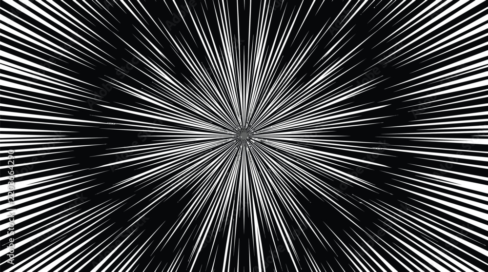 Fototapeta premium Dynamic vector graphic illustration featuring black and white speed lines radiating outward from a central point creating an intense motion effect for comics