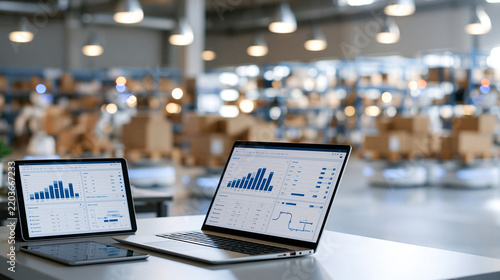 Open laptop and tablet on a clean warehouse monitoring desk screens displaying simple operational dashboards with inventory bars and robot route maps autonomous robots transporting boxes