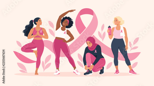 Breast cancer awareness fitness campaign showing diverse active women stretching and exercising with pink ribbon