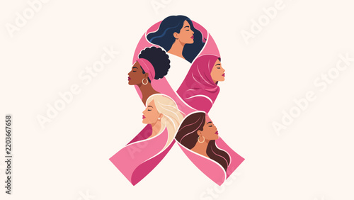 Breast cancer awareness pink ribbon symbol formed by diverse multicultural female profile portraits representing global unity