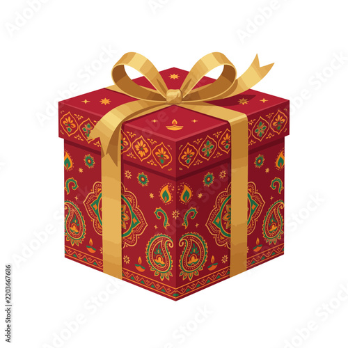 Festive Indian Diwali Gift Box with Traditional Mandala Pattern and Golden Ribbon Bow Isolated on White Background