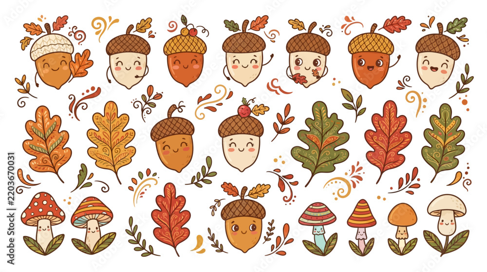 Obraz premium Cute Autumn Acorns and Leaves Characters, Fall Season Vector Illustrations