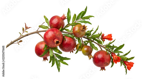 Fresh pomegranate branch with red ripe fruits and vivid blossoms isolated on white background for health food culinary design.