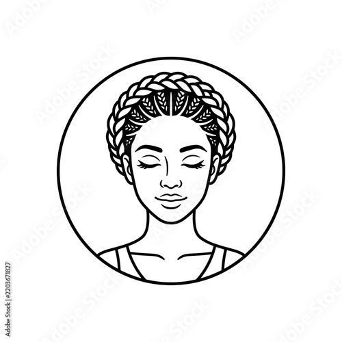 Black woman with intricate braided crown hairstyle in linear vector illustration style