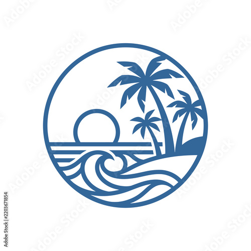 Tropical beach sunset with palm trees and ocean waves, a serene summer vacation paradise icon, perfect for travel and relaxation themes for your next getaway