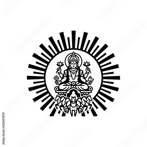 Spiritual Buddhist Deity Illustration with Radiant Sun Burst and Lotus Throne Symbol