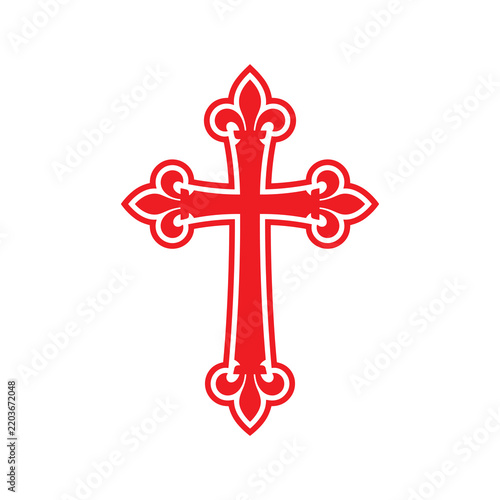 Decorative Christian Cross Vector Illustration with Ornate Red Outline, a Sacred Symbol of Faith, Spirituality, and Religious Devotion on a Clean Background