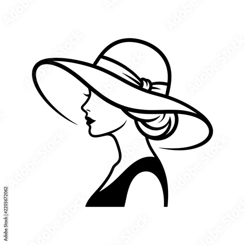 Elegant woman in a wide-brimmed summer hat silhouette black and white vector illustration