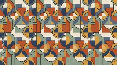Vibrant Geometric Pattern with Colorful Shapes and Circular Designs