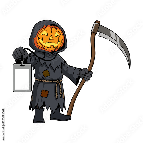 Cute cartoon Halloween grim reaper with a jack-o'-lantern pumpkin head holding a scythe and a blank badge, isolated on a white background.