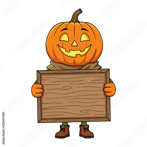 Cute cartoon Halloween pumpkin head character holding a blank wooden sign with copy space, isolated on a white background.