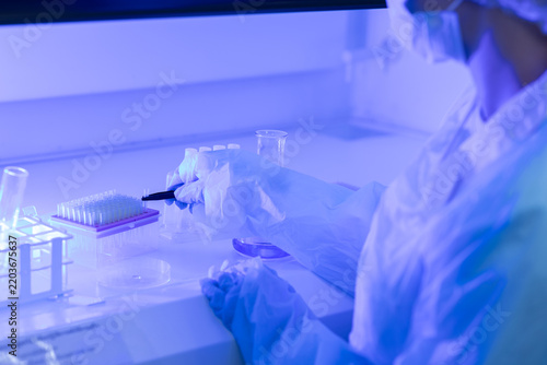 Foto Women scientist handles laboratory samples inside safety cabinet while wearing protective gear