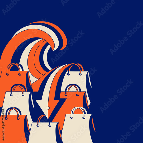 Shopping bags stacked as a wall against a downward arrow wave, retail downturn concept illustration
