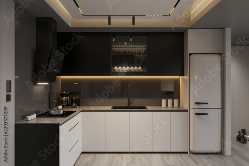 Sleek Modern Kitchen Interior with Minimalist Design and Ambient Lighting