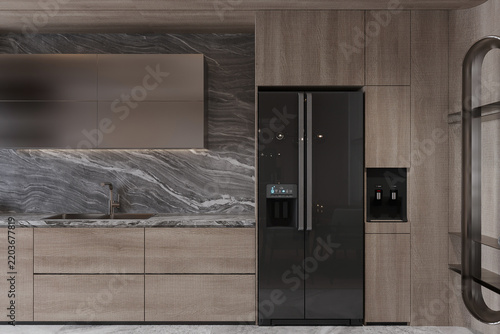Modern Kitchen Design with Integrated Appliances and Marble Backsplash
