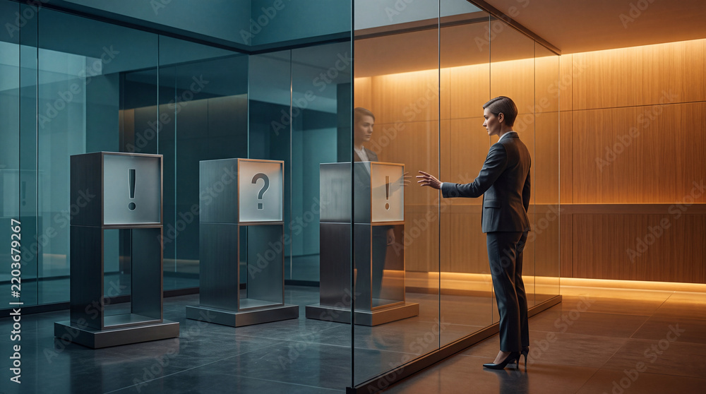 Obraz premium Businesswoman standing in a modern futuristic office environment interacting with abstract digital kiosks featuring question and exclamation marks representing financial decisions or ATM services