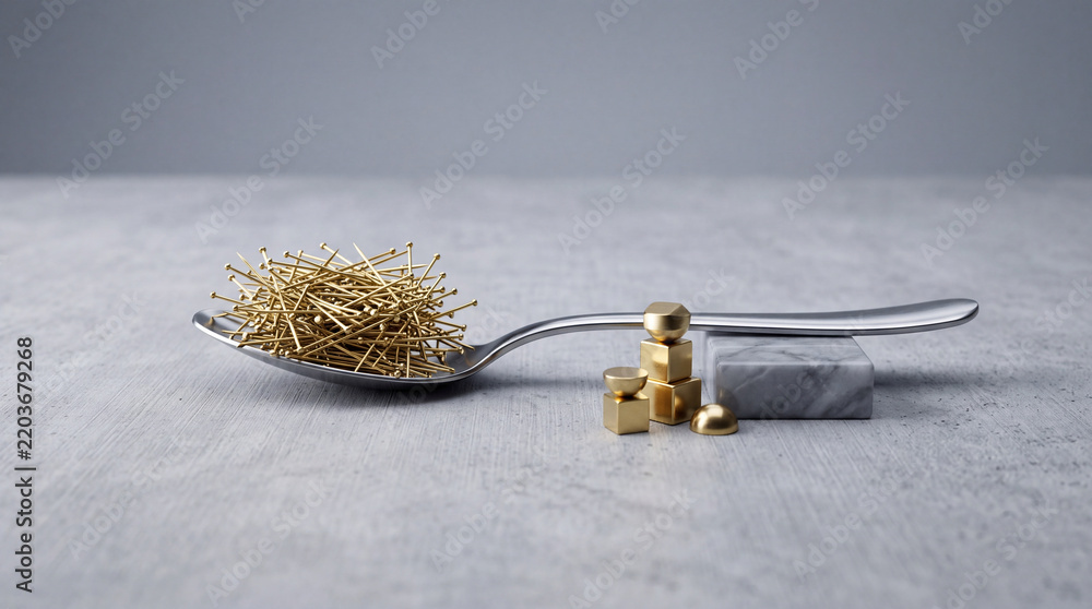 Fototapeta premium Conceptual Still Life of Golden Pins on a Silver Spoon with Small Gold Blocks and Marble on Grey Textured Background, Symbolizing Wealth, Financial Investment, and Savings Growth