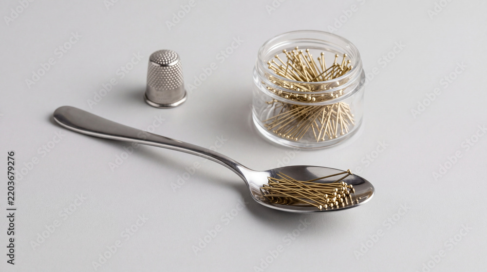 Obraz premium Minimalist conceptual image featuring a metal spoon filled with golden-headed sewing pins, accompanied by a thimble and a glass container of pins on a clean white surface for tailor craft.