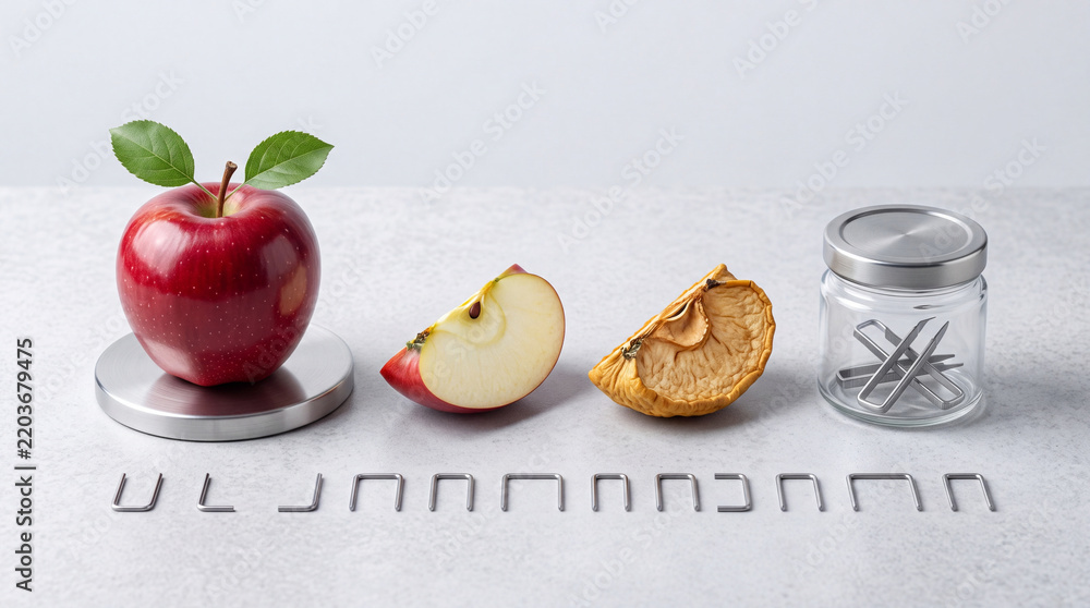 Fototapeta premium Conceptual Still Life Sequence of a Whole Red Apple, Fresh Slice, Dried Shriveled Piece, and Industrial Metal Staples in a Jar, Representing Aging, Decay, and Material Transformation.