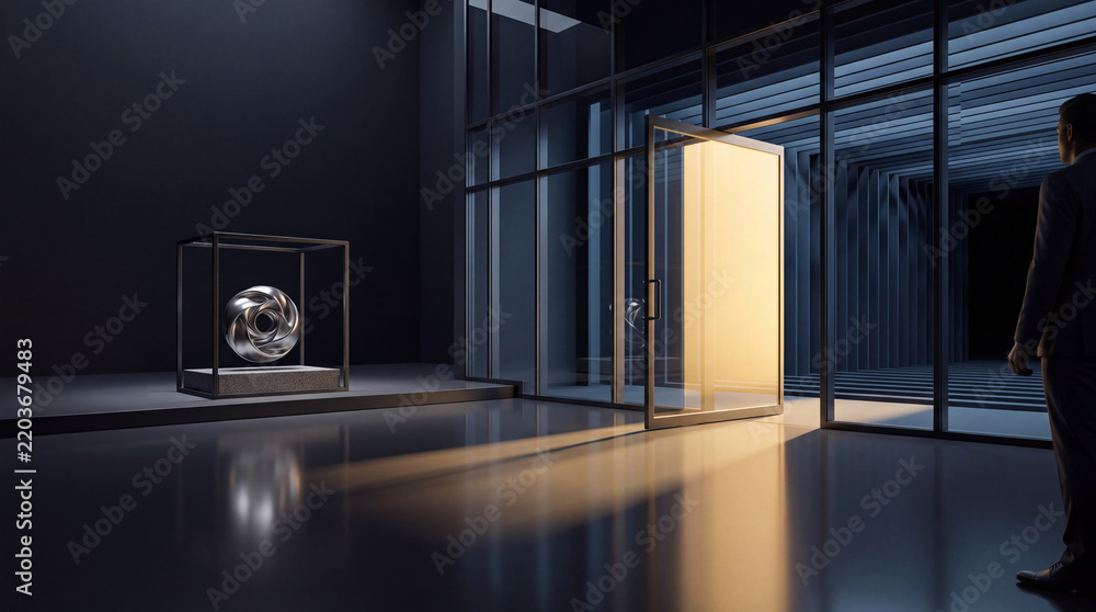 Obraz premium Businessman standing in a minimalist modern gallery looking towards an open door with bright golden light, featuring a futuristic metallic sculpture in a glass display case against a dark room