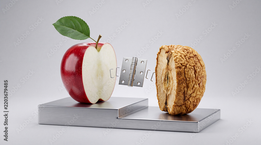 Fototapeta premium Conceptual Still Life of a Fresh Red Apple Half and a Dried Shriveled Apple Half Connected with a Metal Hinge on a Silver Base, Symbolizing Aging, Decay, Time and Metamorphosis.