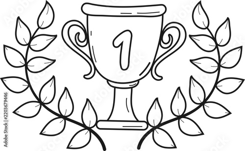 Winner trophy cup with the number one, framed by a laurel wreath. Clean monochrome linear design icon for championship, victory celebration, first place achievement, or sports award template.