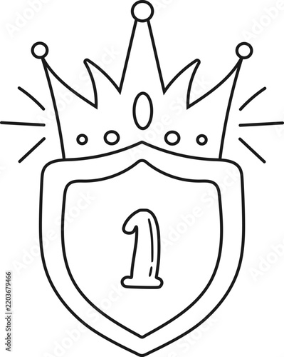  Heraldic shield vector with the number one and a royal crown. Clean monochrome linear design icon for championship, victory, first place achievement or award template.