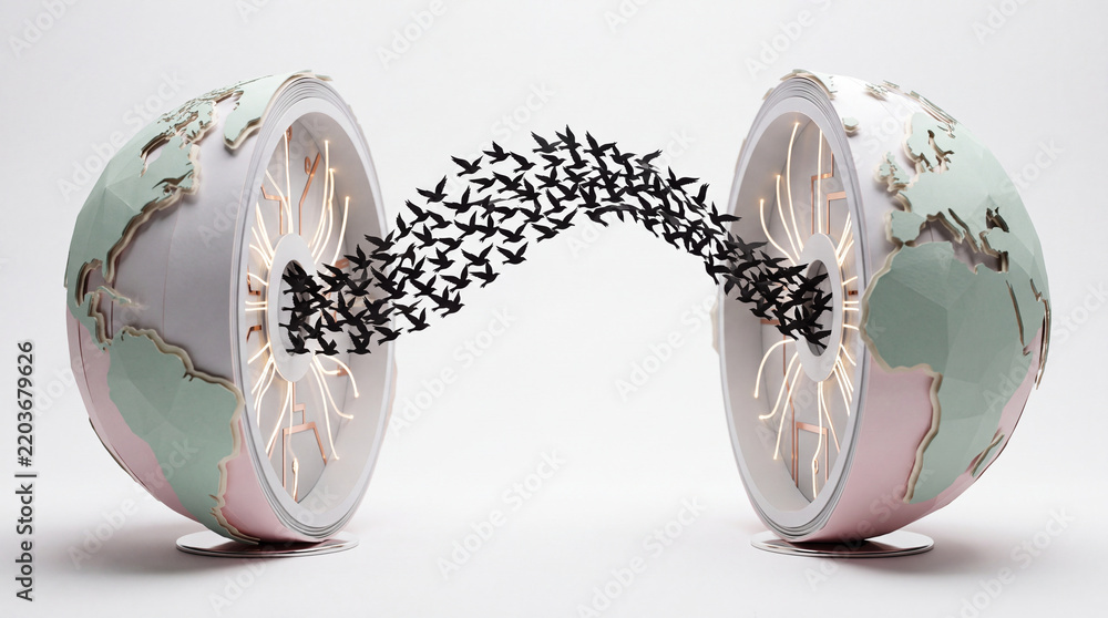 Fototapeta premium Conceptual 3D Illustration of a Split Globe with a Flock of Black Birds Flying Between Halves, Representing Global Communication, Data Transfer, Information Exchange, and Digital Connectivity