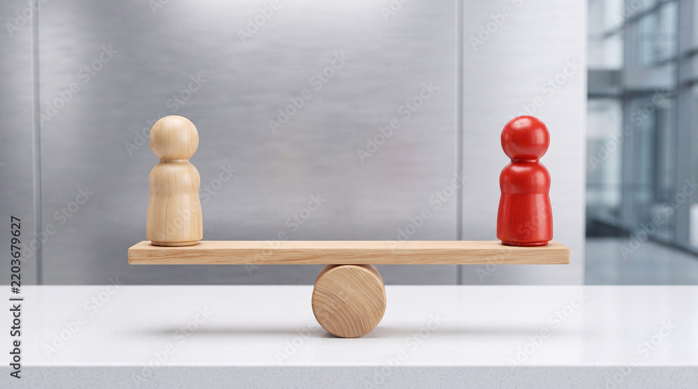 Obraz premium Balanced Life and Work Concept Featuring Two Wooden Humanoid Figures on a Wooden Seesaw Lever Against a Blurred Modern Office Interior Background Representing Equality, Justice, and Stability