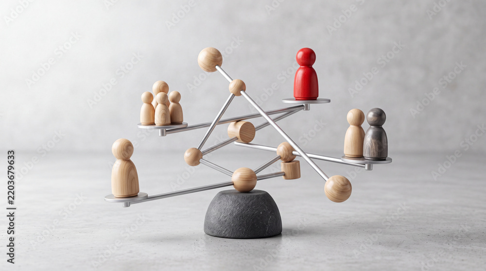 Obraz premium Conceptual Representation of Business Leadership and Team Balance Featuring Wooden Figures on a Complex Equilibrium Scale Structure against a Neutral Studio Background