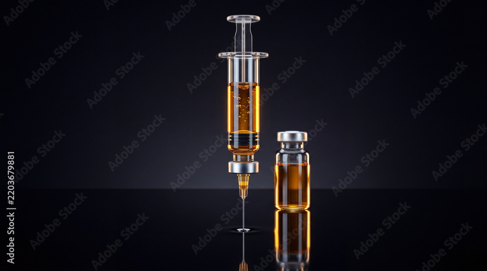 Obraz premium Close up of medical syringe with needle and glass vial containing golden liquid medicine or vaccine on dark reflective background, pharmaceutical research and healthcare concept illustration.