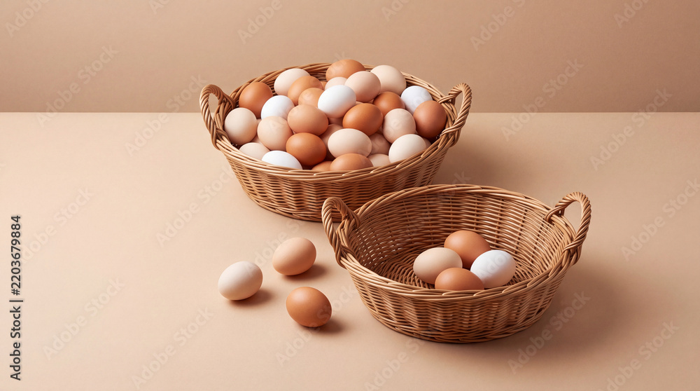 Fototapeta premium High angle view of fresh organic brown and white chicken eggs gathered in two traditional woven wicker baskets on a clean neutral beige surface, concept of farming, poultry, and healthy cooking.