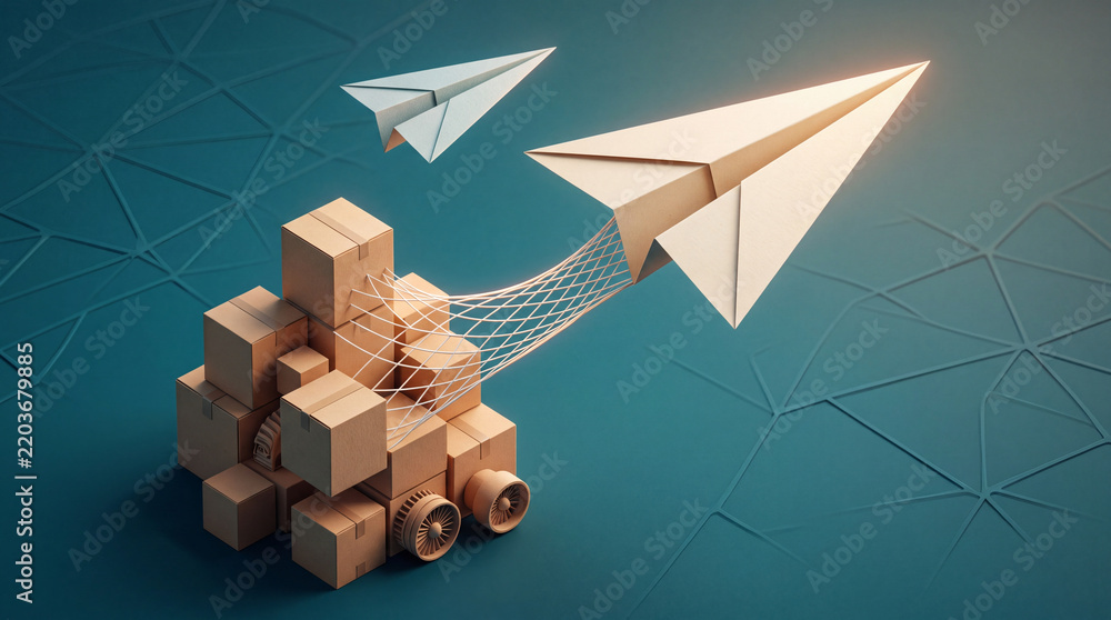 Obraz premium Creative Concept of Fast Global Shipping and Logistics Solutions Featuring a Paper Airplane Flying From Cardboard Boxes on a Blue Background, Symbolizing Efficient E-commerce Delivery Service