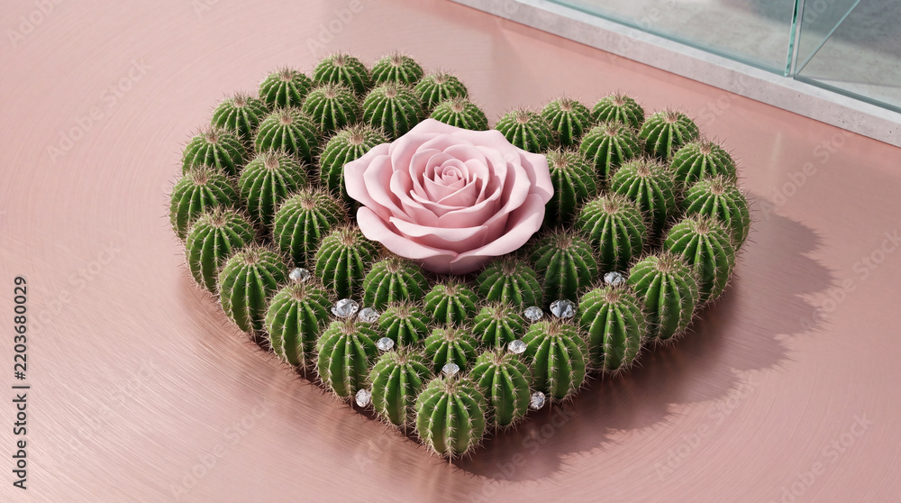 Fototapeta premium Conceptual Romantic Art of a Delicate Pink Rose Blooming in the Center of a Heart Shaped Arrangement of Thorny Green Cacti Decorated with Diamonds on a Rose Gold Metallic Surface, Symbolizing Love