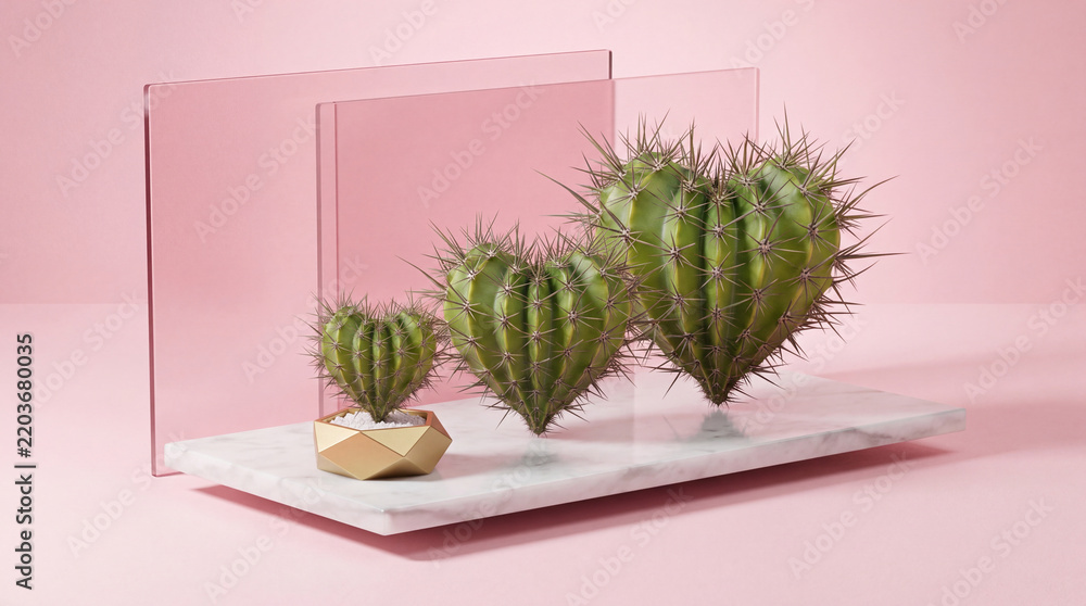 Fototapeta premium Minimalist Conceptual Composition Featuring Three Heart-Shaped Cacti of Different Sizes Arranged on a White Marble Slab with Geometric Gold Pot Against a Pastel Pink Background and Acrylic Panels