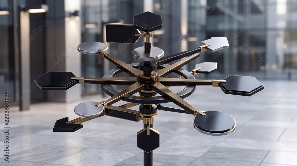 Obraz premium Modern Metallic Multi-Directional Signpost Sculpture in Front of a Corporate Office Building, Concept for Business Strategy, Decision Making, and Finding the Right Direction in a Global Market.