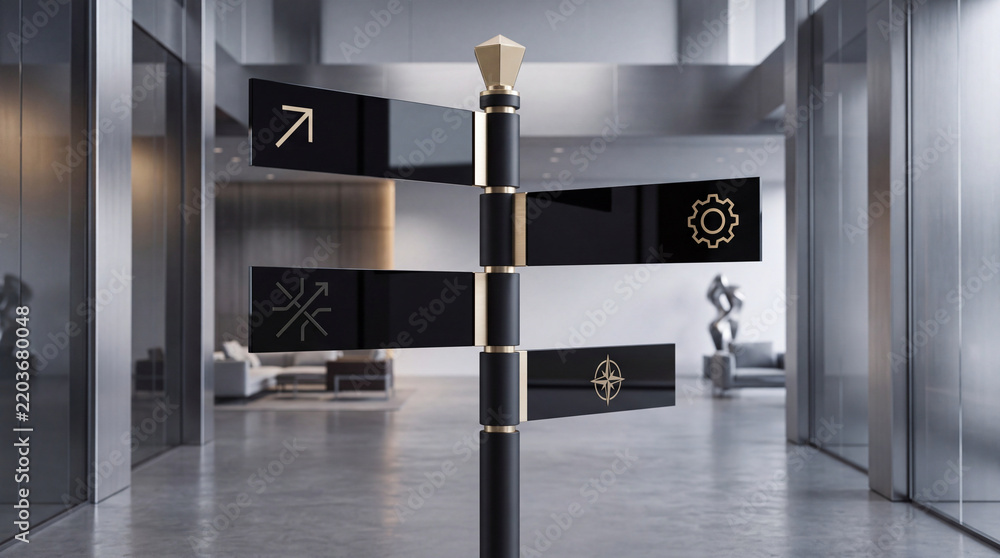 Fototapeta premium Modern Directional Signpost with Business Strategy Icons in a Luxurious Office Lobby, Representing Corporate Navigation, Growth, Technical Operations, and Strategic Decision Making Concept