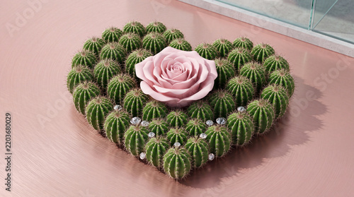 Conceptual Romantic Art of a Delicate Pink Rose Blooming in the Center of a Heart Shaped Arrangement of Thorny Green Cacti Decorated with Diamonds on a Rose Gold Metallic Surface, Symbolizing Love