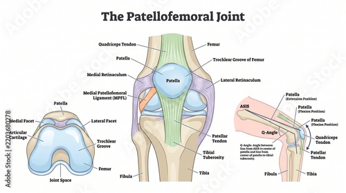 Patellofemoral joint anatomy chart with kneecap and trochlear groove
